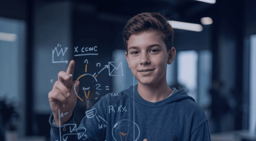 Estudiante frente a pizarra